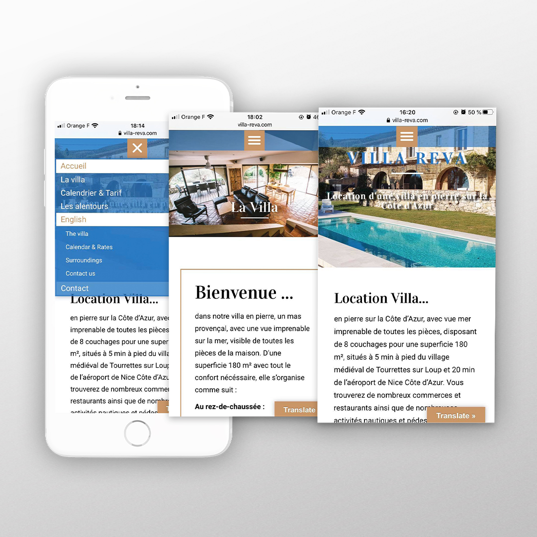 Mockup du site responsive au format portable pour le client Villa Reva, travail web
