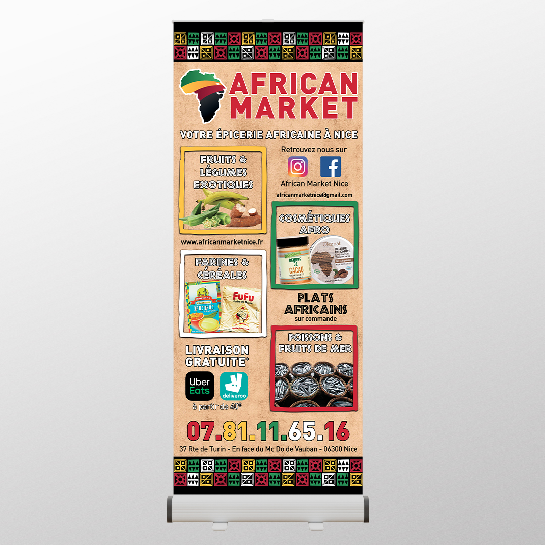 Mockup d'un kakemono (Roll up) pour le client African Market, travail print