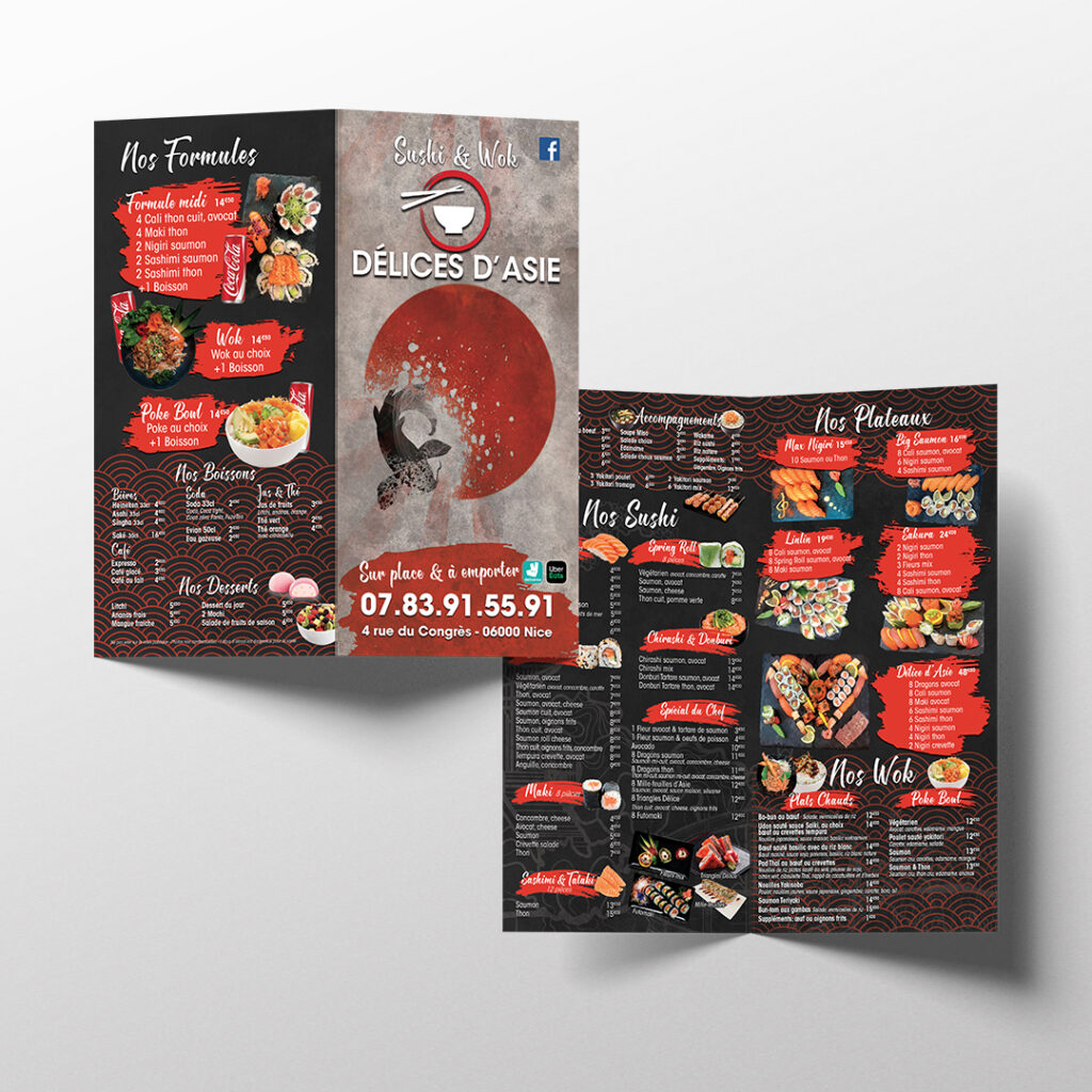 Mockup d'un dépliant (2 volets) pour le client Délices d'Asie, travail print