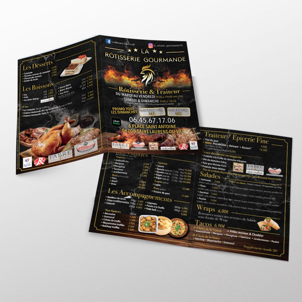 Mockup d'un flyer pour le client La Rôtisserie Gourmande, travail print