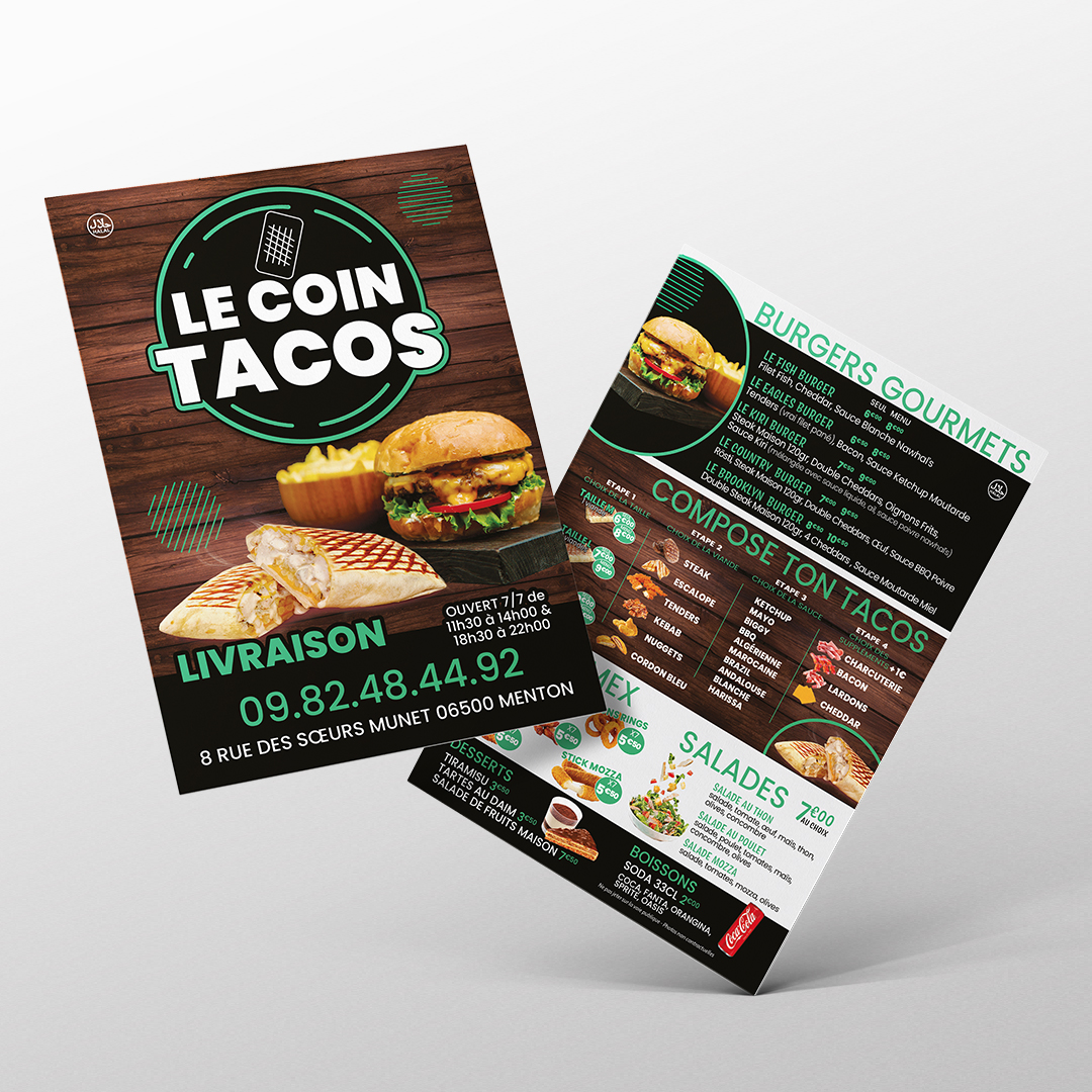 Mockup d'un flyer pour le client le Coin Tacos, travail print